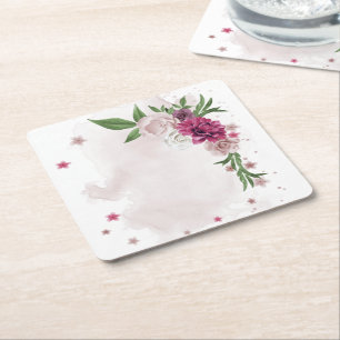 pink mauve white flowers botanical square paper coaster