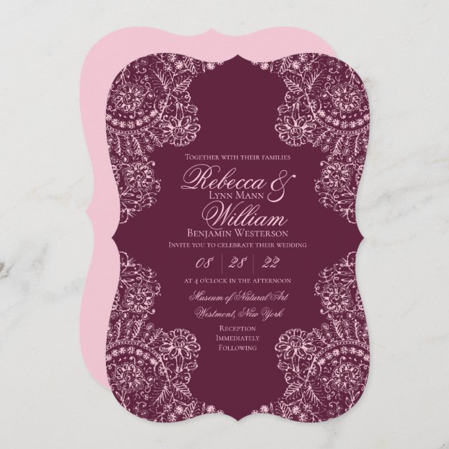 Pink Mauve Wine Lace Elegant Gothic Wedding Invitation (Front/Back)