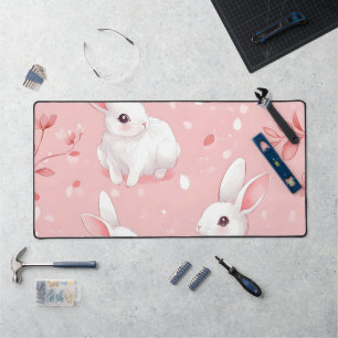 Pink Meadow Bunny Floral Garden Desk Mat
