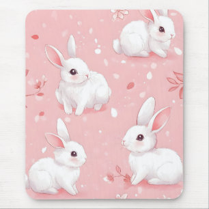 Pink Meadow Bunny Floral Garden Mouse Pad