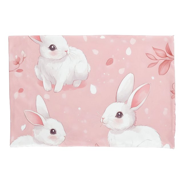Pink Meadow Bunny Floral Garden Pillowcase (Front)
