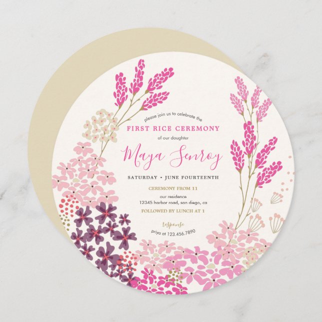 Pink Meadow First Rice Ceremony Invitation (Front/Back)