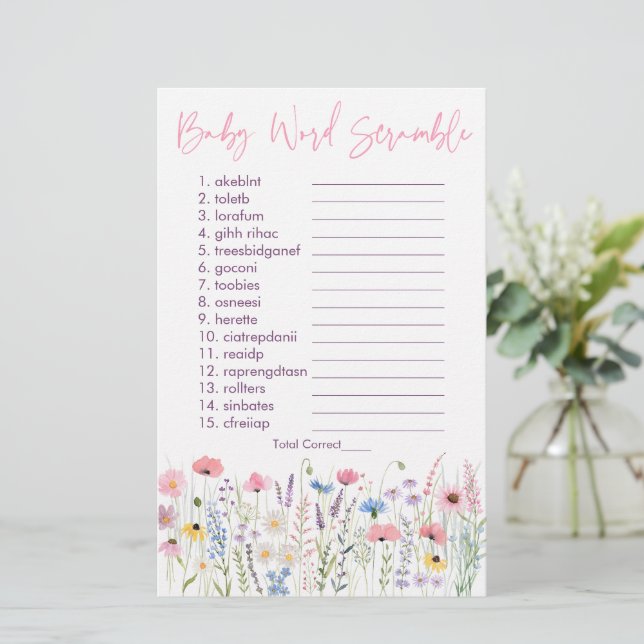 Pink Meadow Wildflowers Baby Word Scramble Game (Standing Front)
