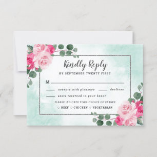 Pink Meal Choice Green Watercolor Floral Wedding RSVP Card