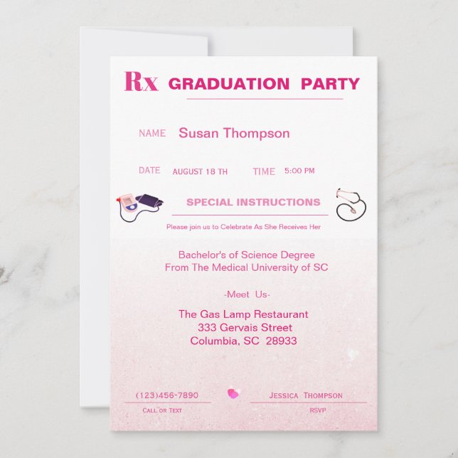 Pink Medical Prescription Pad Graduation  Invitation (Front)
