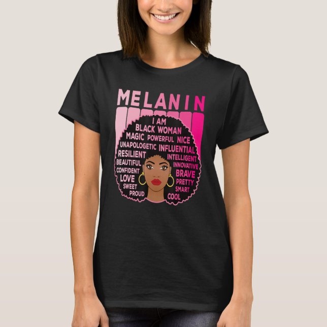 Pink Melanin Pride Black Woman Afro American Black T-Shirt (Front)