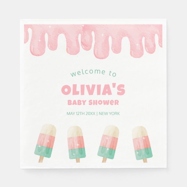 Pink Melt Ice Cream Pop Baby Shower Welcome  Napkin (Front)