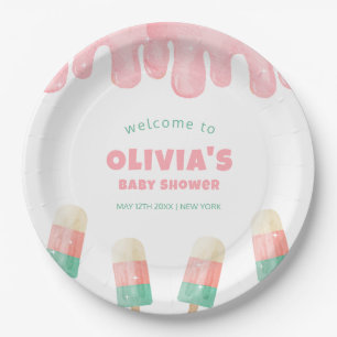 Pink Melt Ice Cream Pop Baby Shower Welcome Paper Plate
