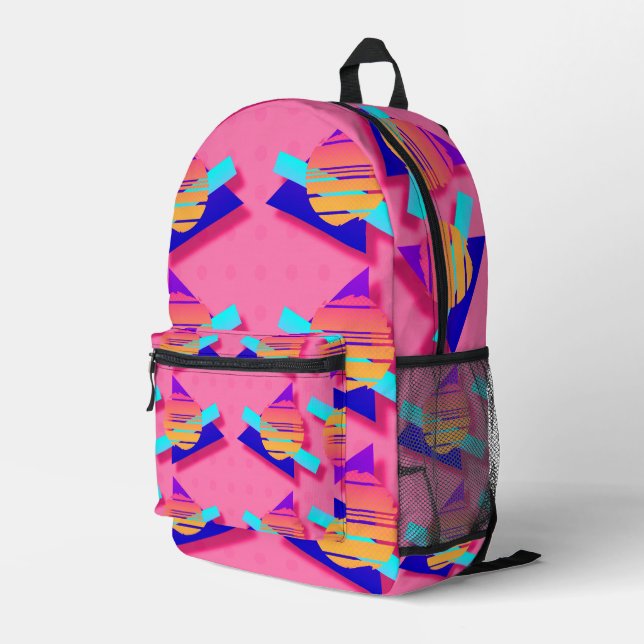 Pink Memphis Neon Triangle Patterns Printed Backpack (Back Corner Right)