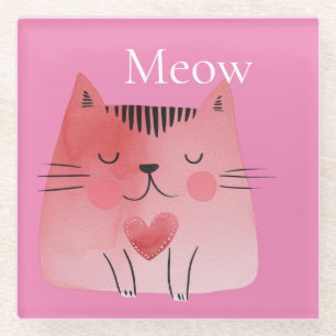 Pink Meow Cat Glass Coaster