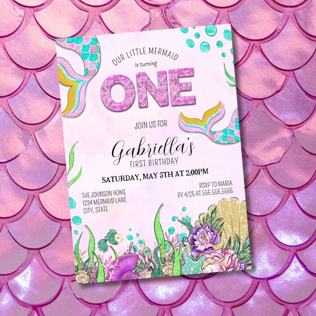 Pink Mermaid 1st Birthday Invitation (Creator Uploaded)