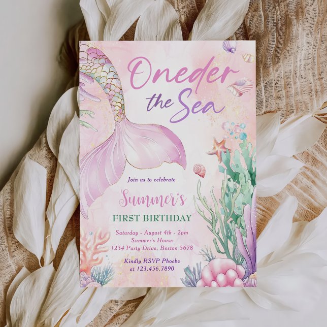 Pink Mermaid 1st Birthday Oneder the Sea Party Invitation (Creator Uploaded)