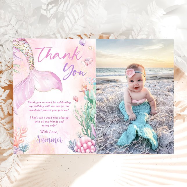 Pink Mermaid 1st Birthday Oneder The Sea Photo Thank You Card (Creator Uploaded)
