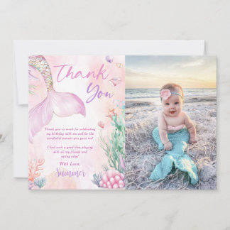 Pink Mermaid 1st Birthday Oneder The Sea Photo Thank You Card