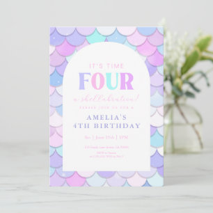 Pink Mermaid 4th Birthday  Invitation