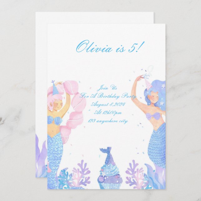 Pink Mermaid birthday invitation  (Front/Back)
