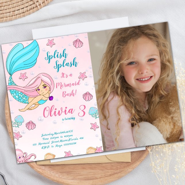 Pink Mermaid Birthday Invitation with Photo (Pink Mermaid Birthday Invitations with photo)