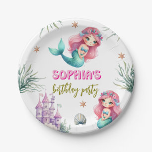 Pink Mermaid castle birthday Paper Plate