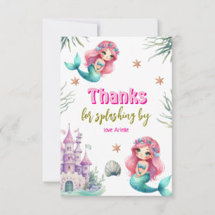 Pink Mermaid castle birthday Thank You Card