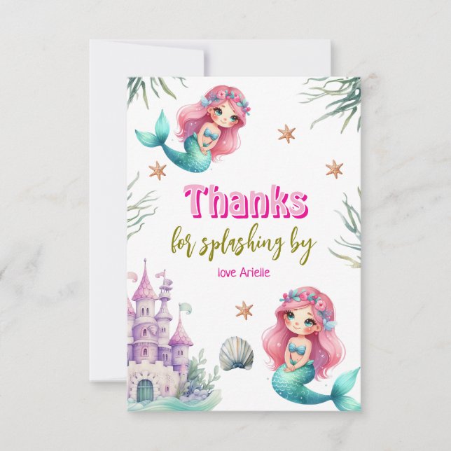Pink Mermaid castle birthday  Thank You Card (Front)