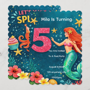 Pink Mermaid Fifth Birthday Invitation