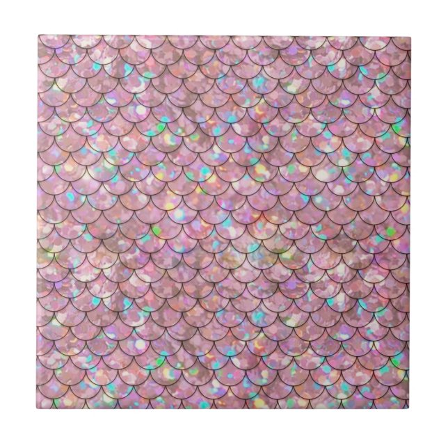 Pink Mermaid Fish Scales Holographic Elegant Glam Ceramic Tile (Front)