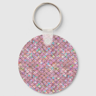 Pink Mermaid Fish Scales Holographic Elegant Glam Key Ring