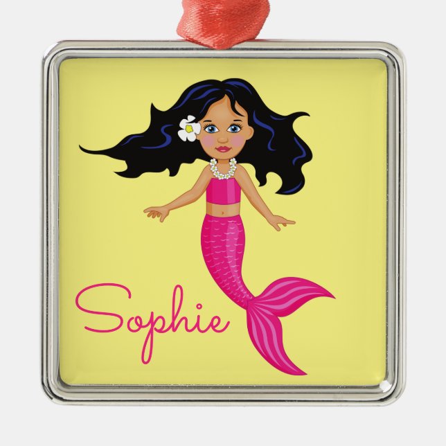 Pink Mermaid girl art personal name gift Metal Ornament (Front)