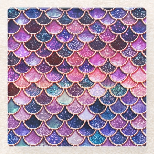 Pink Mermaid Glitter Scales- Mermaid Scales Glass Coaster (Front)