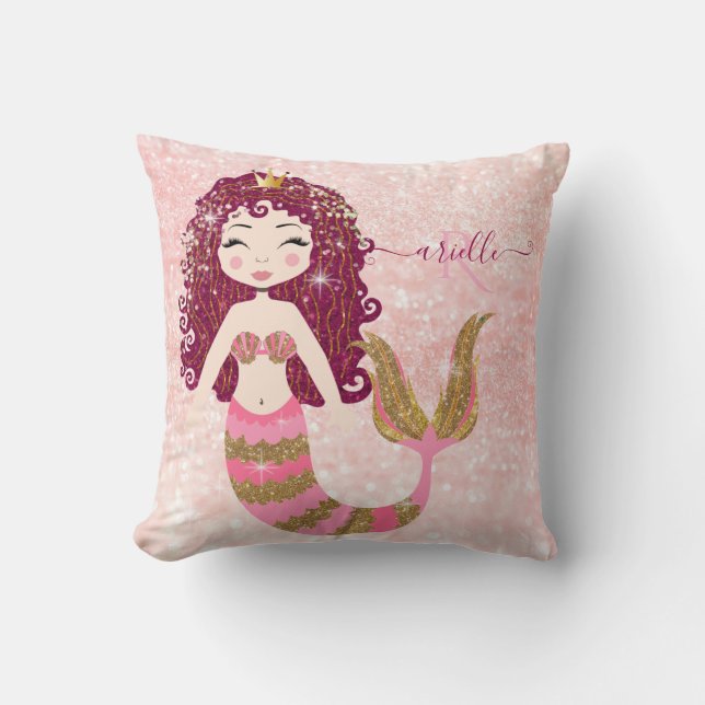 Pink Mermaid Gold Glitter Baby Girl Shower Name Cushion (Front)