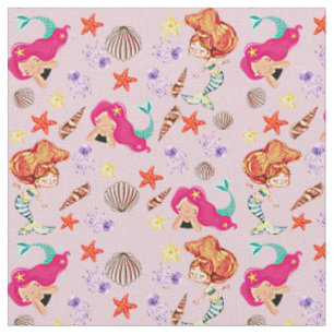 Pink Mermaid Hair Underwater Seashells Starfish Fabric