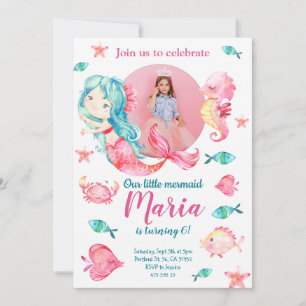 Pink Mermaid Kid's Photo Girl Birthday Invitation
