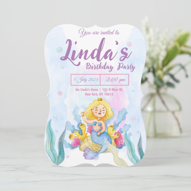 pink mermaid Party Birthday Invitation  (Standing Front)