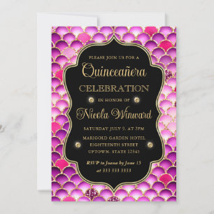 Pink Mermaid Scales Scallop Gold Quinceanera Invitation