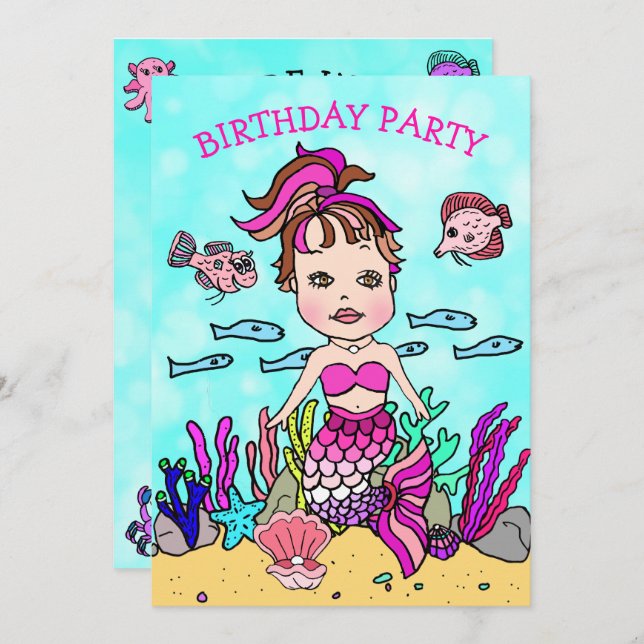 Pink Mermaid Under the Sea Birthday Party Invitation (Front/Back)
