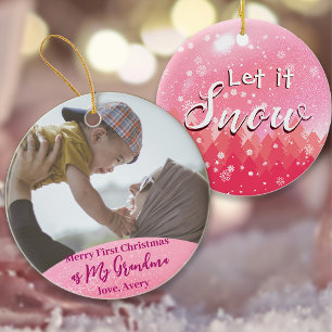 Pink Merry 1st Christmas Gift for Grandma Photo Ceramic Ornament