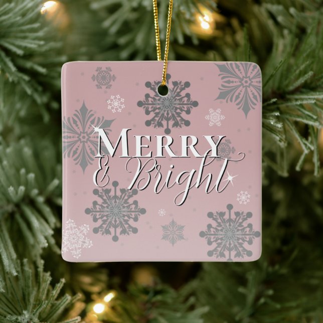 Pink Merry and Bright Snowflakes Christmas Ceramic Ornament (Tree)