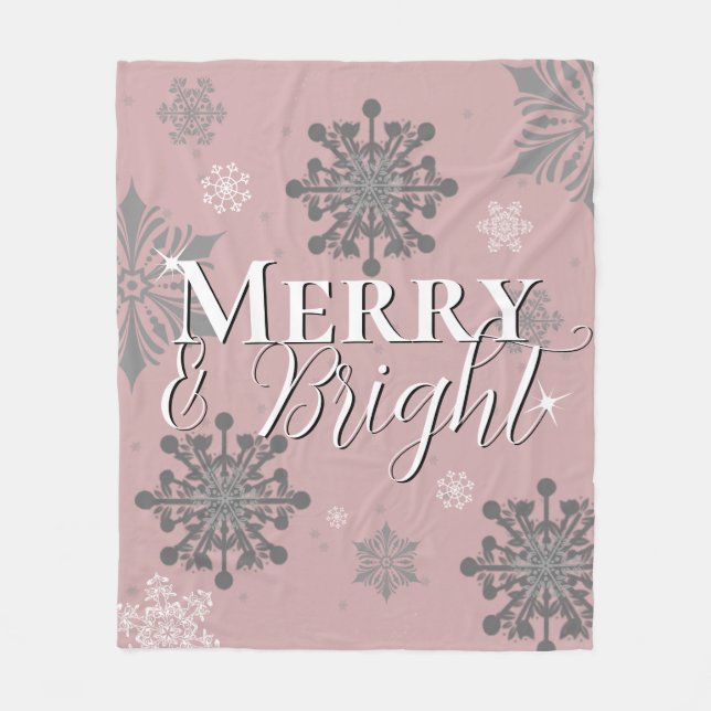 Pink Merry and Bright Snowflakes Christmas Fleece Blanket (Front)