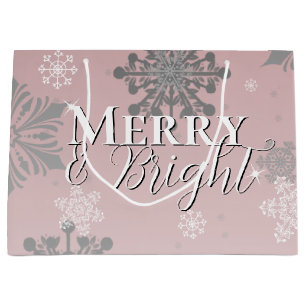 Pink Merry and Bright Snowflakes Christmas Large Gift Bag