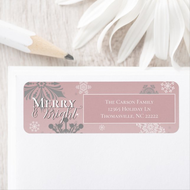 Pink Merry and Bright Snowflakes Christmas Return Address Label (Insitu)