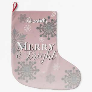 Pink Merry and Bright Snowflakes Large Christmas Stocking