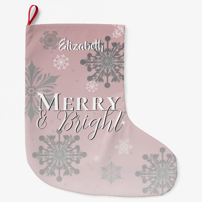Pink Merry and Bright Snowflakes Large Christmas Stocking (Front)