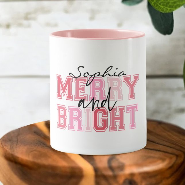 Pink Merry And Bright Typography Groovy Christmas Mug (Creator Uploaded)
