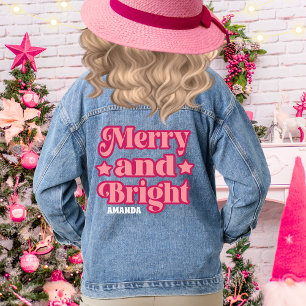 Pink Merry & Bright Christmas Personalised Name Denim Jacket