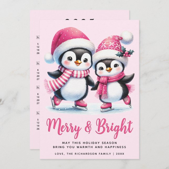 Pink Merry Bright Ice Skating Penguins Christmas Holiday Card (Front/Back)