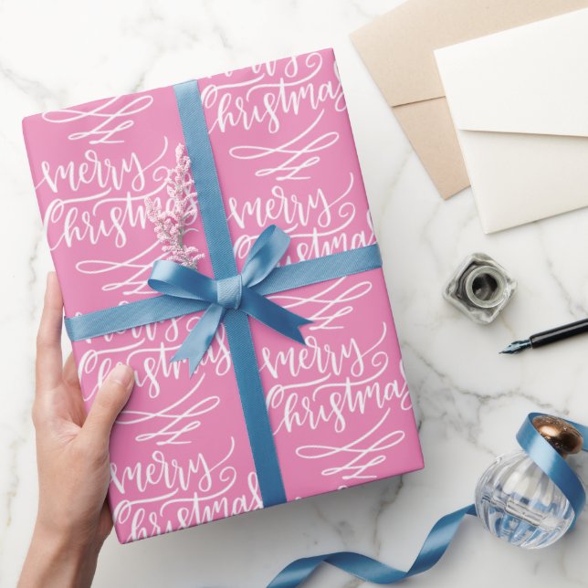 Pink Merry Christmas Calligraphy Script Pattern Wrapping Paper (Gifting)