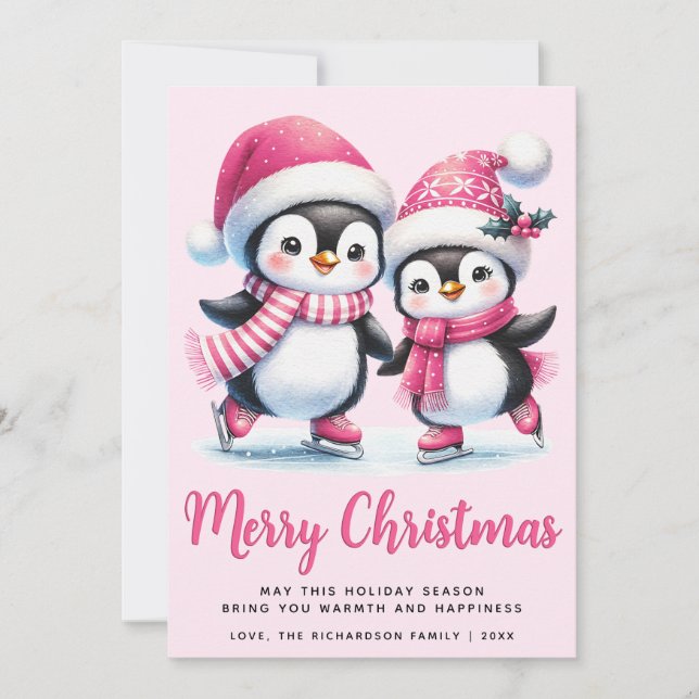 Pink Merry Christmas Cute Ice Skating Penguins Holiday Card (Front)