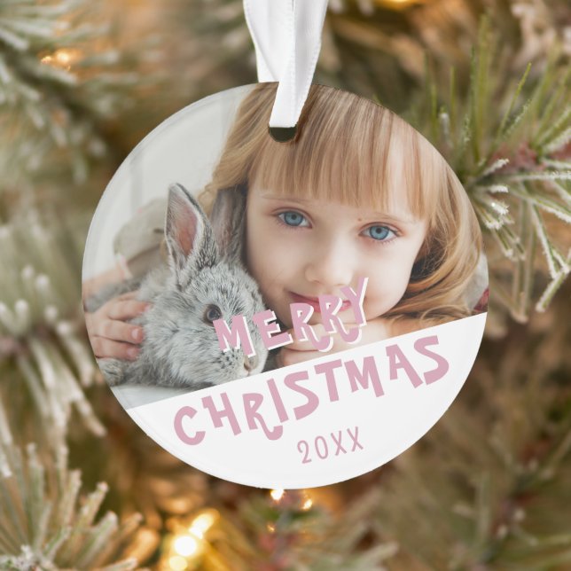 Pink Merry Christmas Family Holiday Photo   Ornament (Tree)