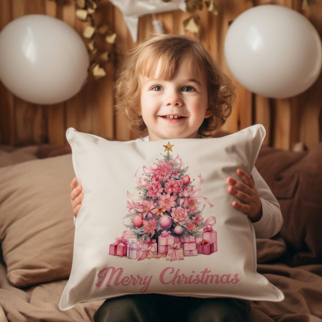 Pink Merry Christmas Holiday Tree Gifts  Cushion (Cute pink Christmas tree "Merry Christmas" decorator pillow.)