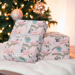 Pink merry Christmas illustration name 2 photos Wrapping Paper<br><div class="desc">Cute merry Christmas illustration name 2 photos with cute green pine tree,  red holly berries,  snowflake,  christmas ball ornament with your photos,  add your names and season's greetings! On editable pastel pink.</div>